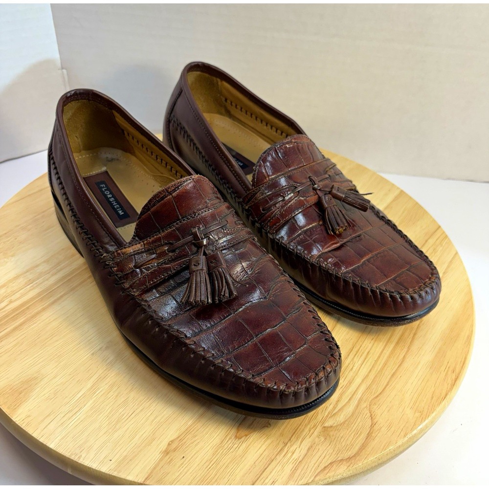Florsheim 11626 Brown Croc Leather Tassel Loafer Almond Toe Men's 10.5 D